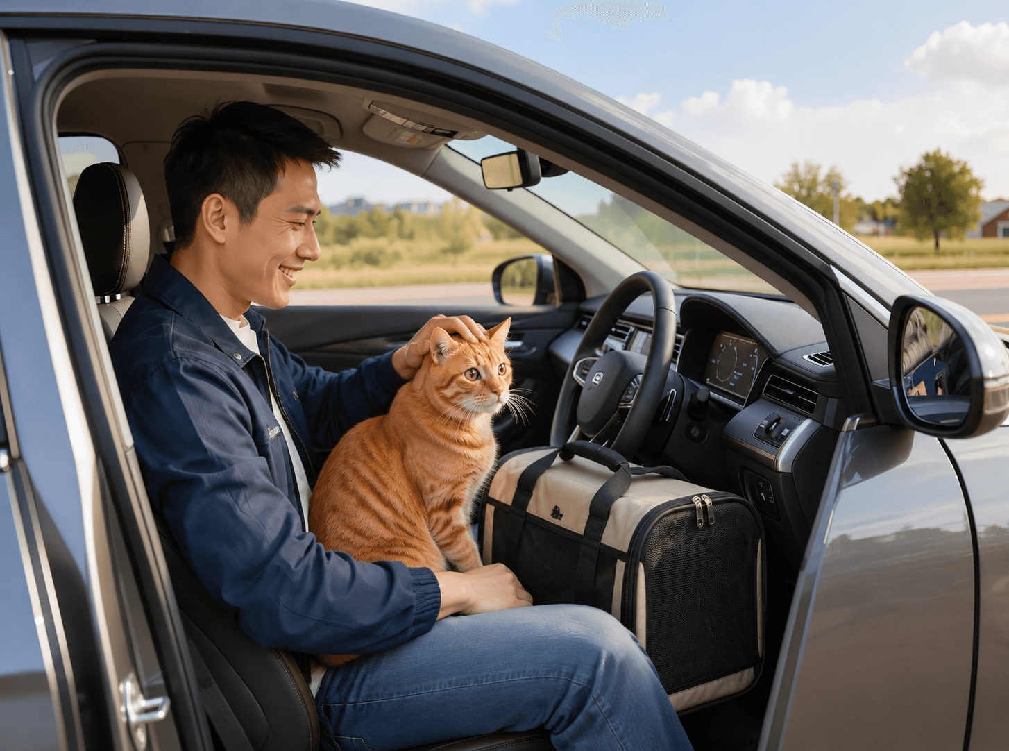 出行陪伴场景，猫咪在航空箱旁